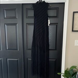 Anthropologie Black Knit Maxi Dress with Fringe Skirt